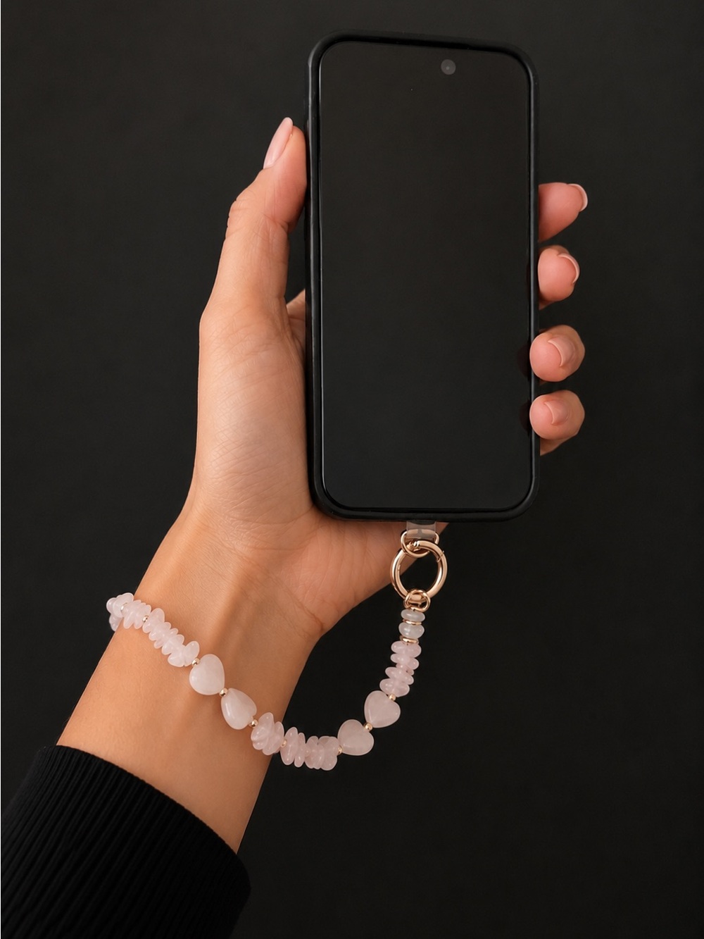 Rose Quartz Gemstone Heart Phone Wrist Strap